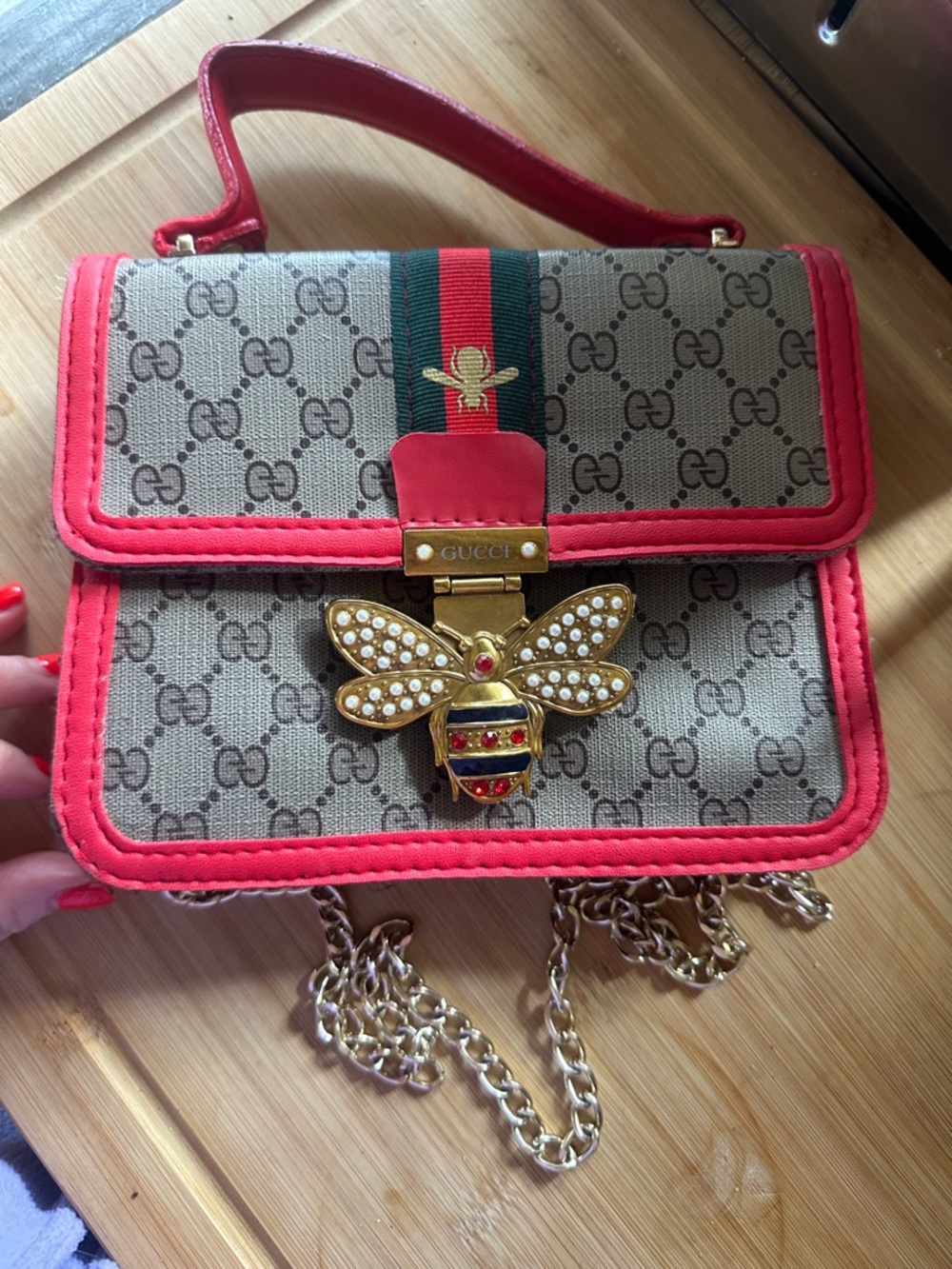 Beige GG Canvas Mini Top Handle Bag with Red Trim & Gold Bee